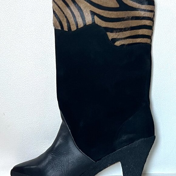 Vintage TED LAPIDUS Black & Tiger Print Leather & Suede Boots, Never Worn, 38/7 - Picture 2 of 10